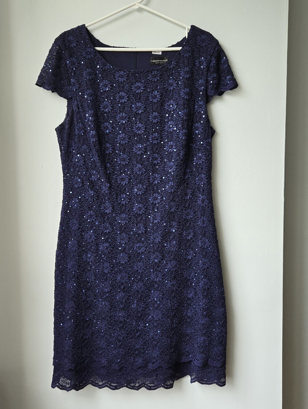 Navy Lace Dress 15/16? Sequin Cap-Sleeve Dress Wedding Guest Cocktail Party
